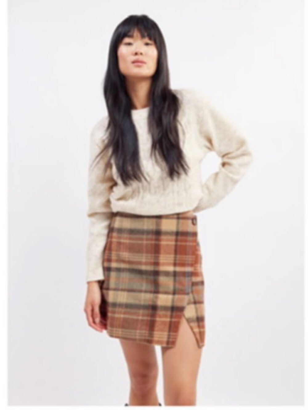 BNWT LIVØM Brown Plaid Asymmetrical Wrap Mini Skirt Dark Academia 2 MSRP $70